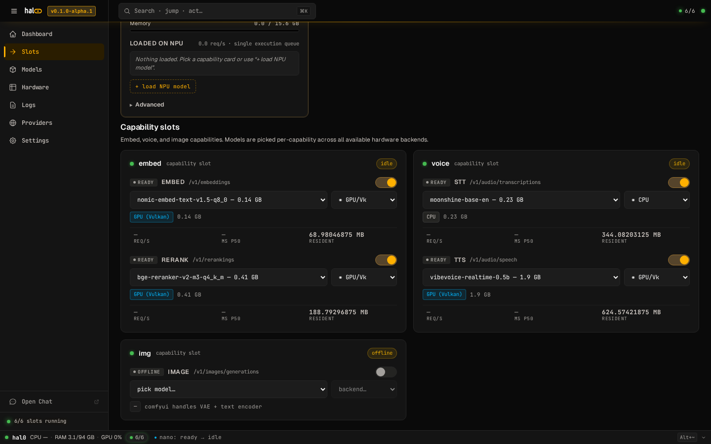 hal0 /slots view showing the embed, voice, and img capability cards with model pickers.