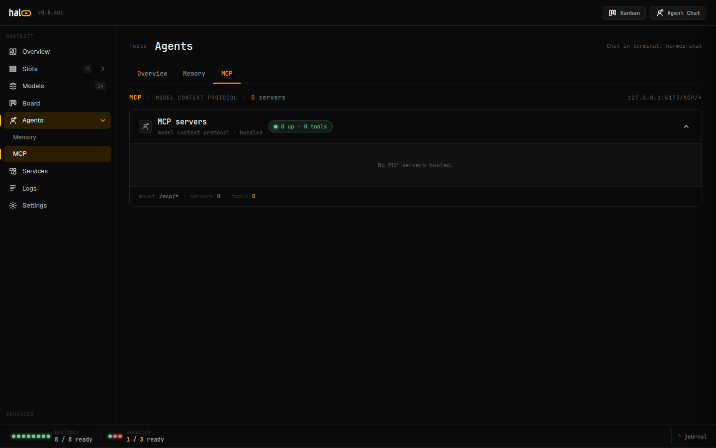 The hal0 dashboard's Agents → MCP tab, showing hosted MCP servers with live tool counts