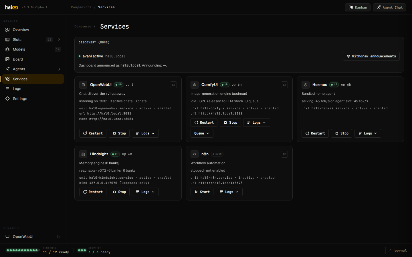 The Services page listing companion apps — Open WebUI, ComfyUI, Hermes, Hindsight, and n8n — with health status, unit state, URLs, and lifecycle actions